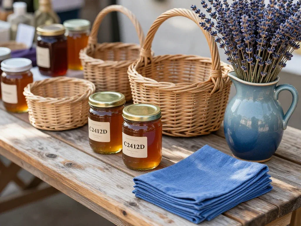 Étal de marché organisé avec des produits artisanaux illustrant la diversité et la qualité des choix.