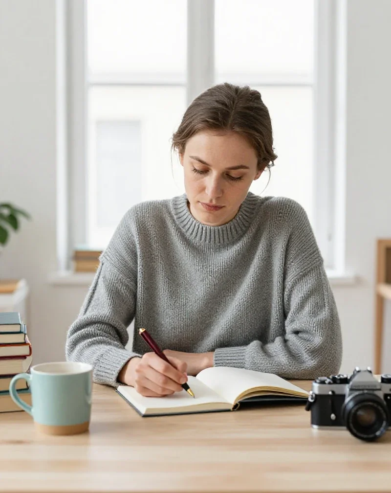 Femme explorant divers sujets dans un carnet, illustrant la richesse thématique d'un blog généraliste.