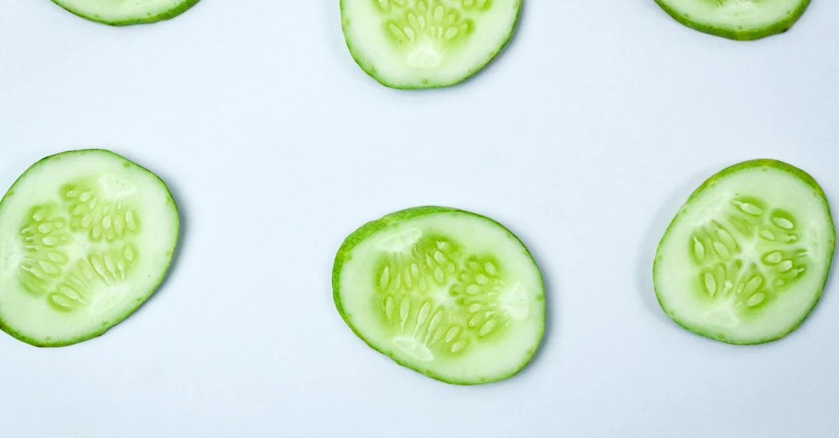 Gros plan de tranches de concombre frais en motif de flatlay sur fond blanc.